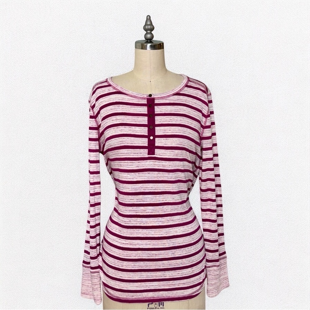 Talbots Henley Long Sleeve Button Up Shirt Purple White Striped Large NWT